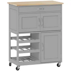 HOMCOM Modern Kitchen Trolley, Rolling Island Storage Cart with Drawer, 9-bottle Wine Rack, Door Cabinets, Wooden Countertop, Grey - 1