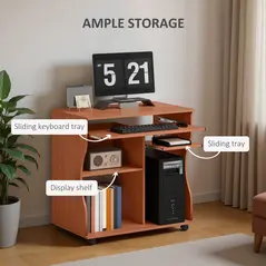 HOMCOM Multi-Storage Compact Work Desk, with Wheels - Cherry Wood Colour - 4