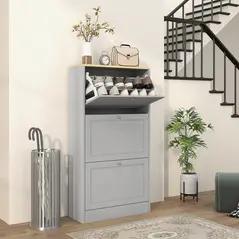 HOMCOM Modern Compact Three-Drawer Shoe Storage Cabinet - Grey - 2