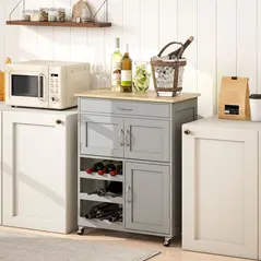 HOMCOM Modern Kitchen Trolley, Rolling Island Storage Cart with Drawer, 9-bottle Wine Rack, Door Cabinets, Wooden Countertop, Grey - 7