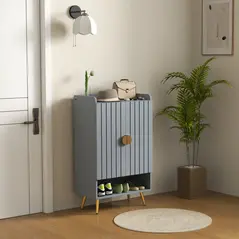 HOMCOM Modern Shoe Cabinet with 2 Doors, Open Shelf and Adjustable Shelves, 15 Pair Hallway Shoe Cupboard, Entryway Storage Unit, Light Grey - 9