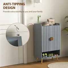 HOMCOM Modern Shoe Cabinet with 2 Doors, Open Shelf and Adjustable Shelves, 15 Pair Hallway Shoe Cupboard, Entryway Storage Unit, Light Grey - 6