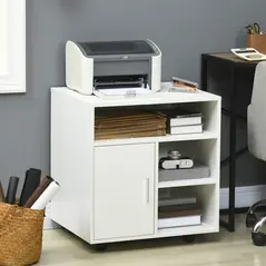 HOMCOM Multi-Storage Printer Stand Unit Office Desk Side Mobile Storage w/ Wheels Modern Style 60L x 50W x 65.5H cm - White - 2