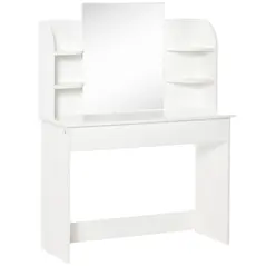 HOMCOM Modern Dressing Table Writing Desk W/ Mirror, Big Drawers, 2-Tier Open Shelf For Home Bedroom White - 1
