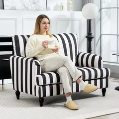 HOMCOM Modern Cuddle Chair, Velvet Single Sofa Armchair with Stripe, Turned Legs and Wide Seat, Upholstered Snuggle Chair for Living Room, Bedroom, Black and White - 2