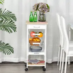 HOMCOM Mobile Rolling Kitchen Island Trolley for Home w/ Metal Baskets Trays Shelves Wheels Compact Stylish Storage White - 2