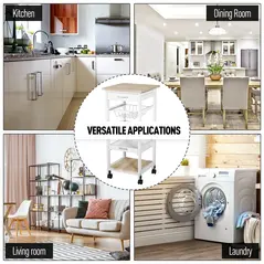 HOMCOM Mobile Rolling Kitchen Island Trolley for Home w/ Metal Baskets Trays Shelves Wheels Compact Stylish Storage White - 7