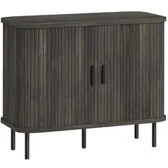 HOMCOM Mid-Century Modern Sideboard Storage Cabinet with Slatted Tambour Sliding Doors, Kitchen Cabinet with Steel Legs, Grey - 1