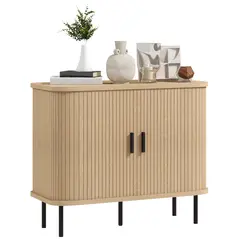 HOMCOM Mid-Century Modern Sideboard Storage Cabinet with Slatted Tambour Sliding Doors, Kitchen Cabinet with Steel Legs, Oak Tone - 1