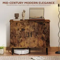 HOMCOM Mid-Century Modern Sideboard Storage Cabinet with Slatted Tambour Sliding Doors, Kitchen Cabinet with Steel Legs, Rustic Brown - 4