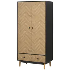 HOMCOM Modern Wardrobe Cabinet Wood Grain Sticker Surface with Shelf, Hanging Rod and 2 Drawers 90x50x190cm - 1