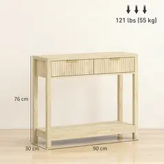 HOMCOM Modern Console Table with Fluted Panel Drawers, Narrow Hallway Table with Shelf for Entryway, Living Room, 90 x 30 x 76 cm, Natural Wood Finish - 3