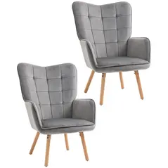 HOMCOM Modern Accent Chair Velvet-Touch Tufted Wingback Armchair Upholstered Leisure Lounge Sofa Club Chair with Wood Legs, Set of 2, Grey - 1
