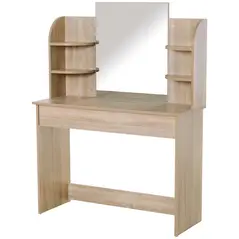 HOMCOM Modern Dressing Table Writing Desk W/ Mirror, Big Drawers, 2-Tier Open Shelf For Home Bedroom Natural - 1