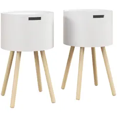 HOMCOM Modern Side Table with Hidden Storage Space, Round Night Stand with Removable Tray Wood Frame End Coffee Table for Living Room, Set of 2, White - 1