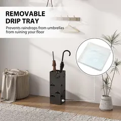 HOMCOM Metal Umbrella Stand, Square Umbrella Holder with Removable Drip Tray and 4 Hooks, Decorative Umbrella Storage Rack for Hallway, Entryway, 15.5 x 15.5 x 41 cm, Black - 4