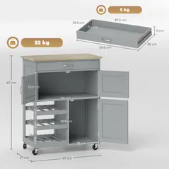 HOMCOM Modern Kitchen Trolley, Rolling Island Storage Cart with Drawer, 9-bottle Wine Rack, Door Cabinets, Wooden Countertop, Grey - 3