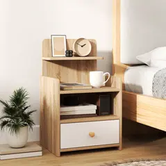 HOMCOM Multi-Storage Bedside Table - White/Wood-Effect - 2