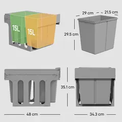 HOMCOM Pull Out Bin, Under Sink Bin - 2 Removable Compartments (15L Each) for 400mm Cabinets, Light Grey - 3