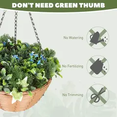 HOMCOM Pack of 2 Faux Plant Artificial Lisianthus Flowers, Hanging Planters with Basket, PE Leaves, 18 Flowers and 3 Pinecones, Decorative Faux Plants for Home Office Decor, Green - 5