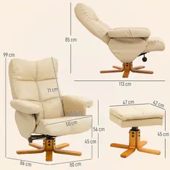 HOMCOM PU Leather Swivel Recliner Chair with Footstool, Wooden Base and Storage for Living Room, Beige - 3
