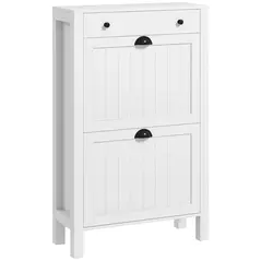 HOMCOM Narrow Shoe Cabinet with 2 Flip Drawers and Adjustable Shelves, White - 1