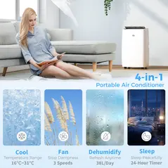 HOMCOM Portable Air Conditioner 12000 BTU, 4-in-1 Air Conditioning Unit, Dehumidifier, Cooling, Fan, Sleep Mode with 3 Speeds, Remote Control, LED Display, 24H Timer, Window Kit, Children Lock, 35m² - 4