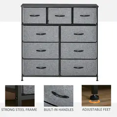 HOMCOM Nine Drawer Fabric Dresser - Grey - 5