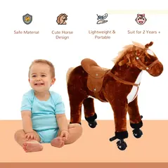HOMCOM Plush Walking Horse Ride On Toy with Wheels and Realistic Sounds Rocking Horse for Girls Boys 2+ Years Old, 50cm Tall, Brown - 5