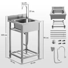 HOMCOM Outdoor Utility Sink, Stainless Steel Free Standing Single Bowl Kitchen Sink with Cold and Hot Water Pipe and Storage Shelf for Laundry Garage, 55 x 50 x 100 cm - 3