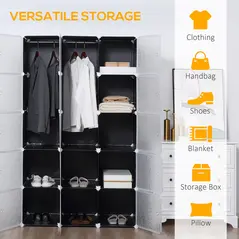 HOMCOM Portable Wardrobe for Bedroom, 15 Cube Closet with Hanging Rail, Modular Storage Cabinet, Plastic Armoire for Space Saving, White and Black - 4