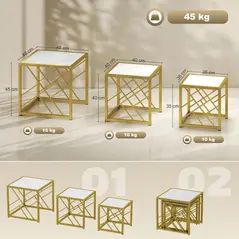 HOMCOM Nesting Coffee Tables, Set of 3 Square Side Tables with Black Metal Frame, for Living Room, Bedroom and Office, White - 3