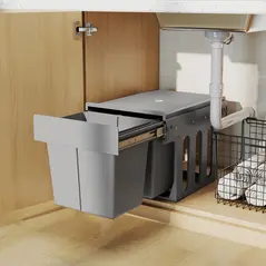 HOMCOM Pull Out Bin, Under Sink Bin - 2 Removable Compartments (15L Each) for 400mm Cabinets, Light Grey - 9