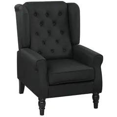 HOMCOM Retro Accent Chair, Linen Wingback Armchair with Wood Frame Button Tufted Design for Living Room Bedroom, Black - 1