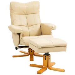 HOMCOM PU Leather Swivel Recliner Chair with Footstool, Wooden Base and Storage for Living Room, Beige - 1