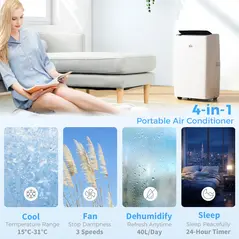 HOMCOM Portable Air Conditioner 14000 BTU, 4-in-1 Air Conditioning Unit, Dehumidifier, Cooling, Fan, Sleep Mode with 3 Speeds, Remote Control, LED Display, 24H Timer, Window Kit, Children Lock, 40m² - 4
