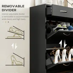 HOMCOM Narrow Shoe Storage with 2 Flip Drawers and Adjustable Shelves Shoe Cabinet Organizer for 12 Pairs of Shoes, Black - 6