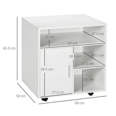HOMCOM Multi-Storage Printer Stand Unit Office Desk Side Mobile Storage w/ Wheels Modern Style 60L x 50W x 65.5H cm - White - 3