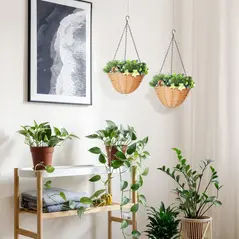 HOMCOM Pack of 2 Faux Plant Artificial Lisianthus Flowers, Hanging Planters with Basket, PE Leaves, 18 Flowers and 3 Pinecones, Decorative Faux Plants for Home Office Decor, Green - 8