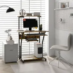 HOMCOM Multi-Storage Work Desk, with Sliding Keyboard Tray - Brown/Black - 2