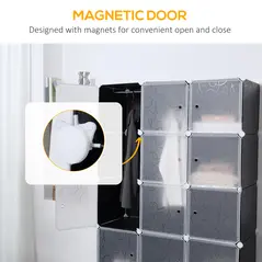 HOMCOM Portable Wardrobe for Bedroom, 15 Cube Closet with Hanging Rail, Modular Storage Cabinet, Plastic Armoire for Space Saving, White and Black - 7