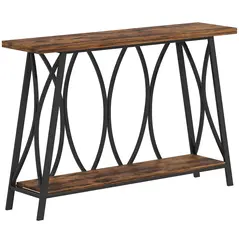 HOMCOM Narrow Console Table, Industrial 2-Tier Sofa Table with Metal Frame for Entryway, Living Room, 120x30x80cm, Rustic Brown - 1