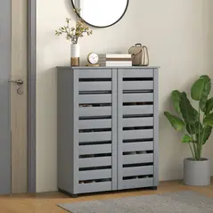 HOMCOM Narrow Shoe Cabinet for Entryway, 5-Tier Slim Shoe Storage Cabinet with 2 Slatted Doors and Adjustable Shelves Grey - 2