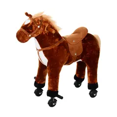 HOMCOM Plush Walking Horse Ride On Toy with Wheels and Realistic Sounds Rocking Horse for Girls Boys 2+ Years Old, 50cm Tall, Brown - 1