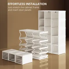 HOMCOM Portable Clothes Wardrobe for Bedroom, Foldable Clothes Organiser with Cube Storage, Hanging Rods, Magnet Doors, White - 5