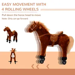 HOMCOM Plush Walking Horse Ride On Toy with Wheels and Realistic Sounds Rocking Horse for Girls Boys 2+ Years Old, 50cm Tall, Brown - 7