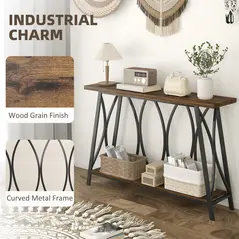 HOMCOM Narrow Console Table, Industrial 2-Tier Sofa Table with Metal Frame for Entryway, Living Room, 120x30x80cm, Rustic Brown - 5