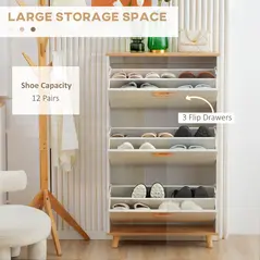 HOMCOM Narrow Shoe Cabinet, Slim Shoe Storage Cabinet with 3 Flip Drawers and Adjustable Shelves, 12 Pair of Shoes Organizer for Hallway, Entryway, Cream White - 4