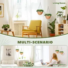 HOMCOM Pack of 2 Faux Plant Artificial Lisianthus Flowers, Hanging Planters with Basket, PE Leaves, 18 Flowers and 3 Pinecones, Decorative Faux Plants for Home Office Decor, Green - 6