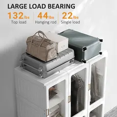 HOMCOM Portable Clothes Wardrobe for Bedroom, Foldable Clothes Organiser with Cube Storage, Hanging Rods, Magnet Doors, White - 6